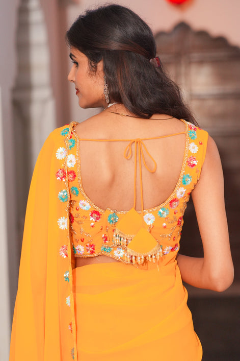 Orange Hand Embroidery Georgette Saree