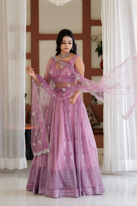 Dusty Lilac Embroidered Chiffon Lehenga