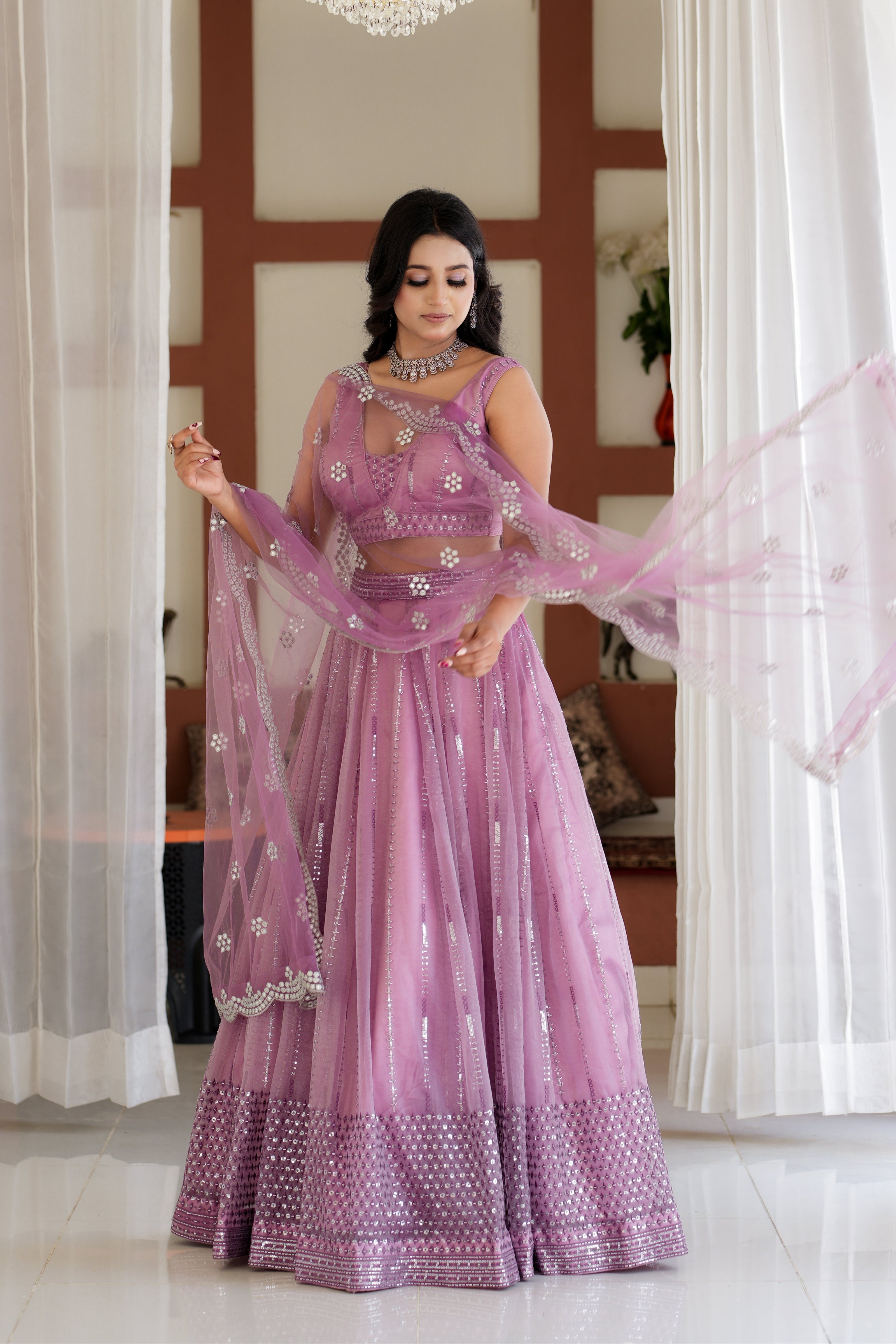 Dusty Lilac Embroidered Chiffon Lehenga