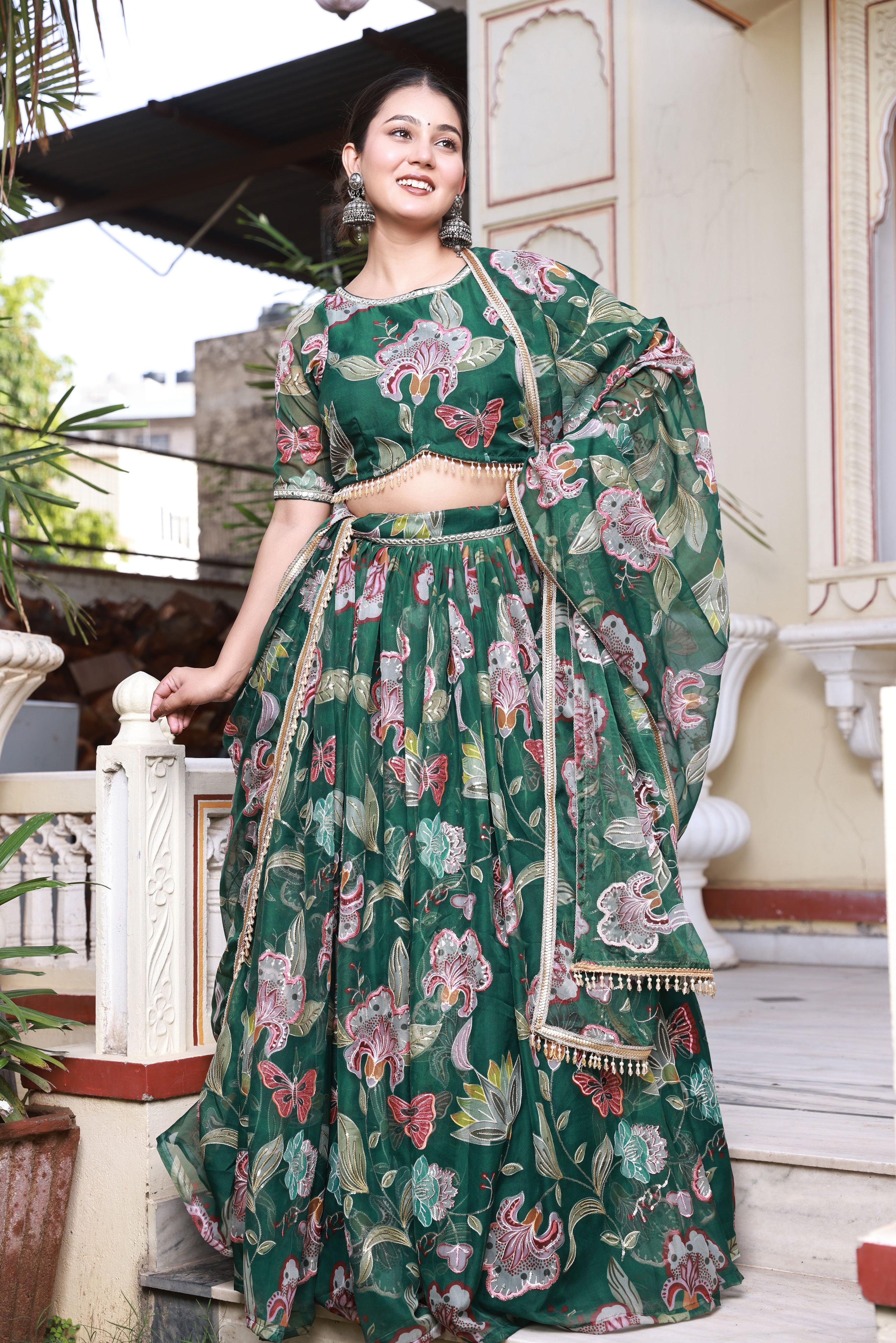 Emerald Green Floral Print Embroidered Organza Lehenga