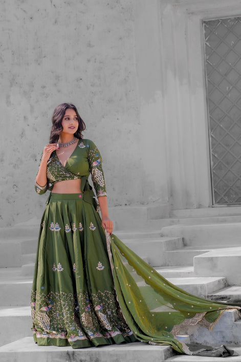 Olive Green Embroidered Silk Lehenga