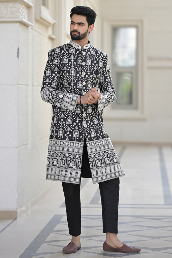 Black and White Embroidered Sherwani