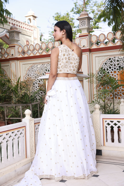 White Hand-Work One Shoulder Style Georgette Lehenga