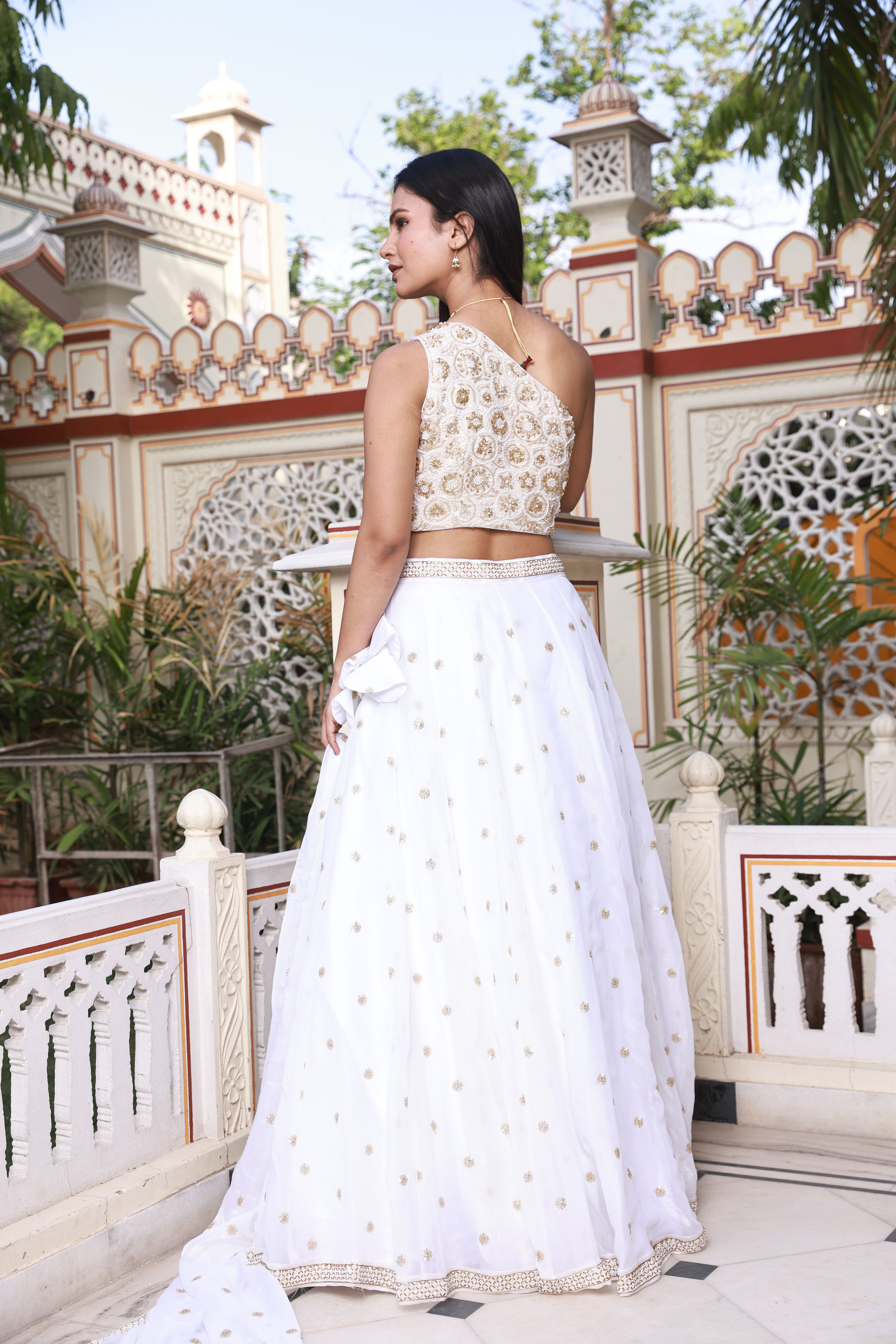 White Hand-Work One Shoulder Style Georgette Lehenga