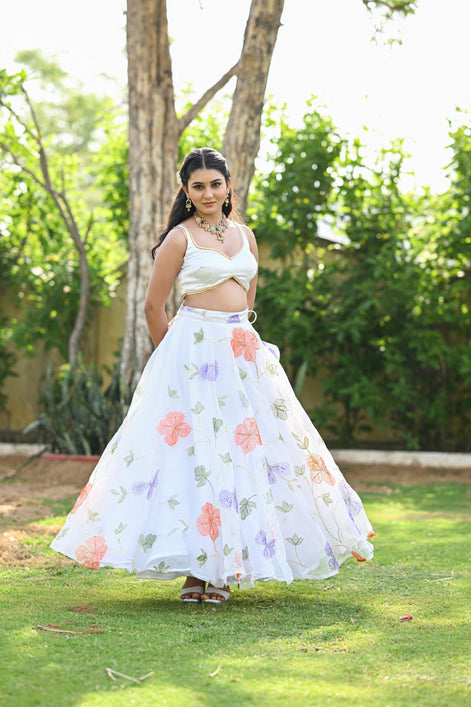White Multicolor Floral Embroidered Organza Lehenga