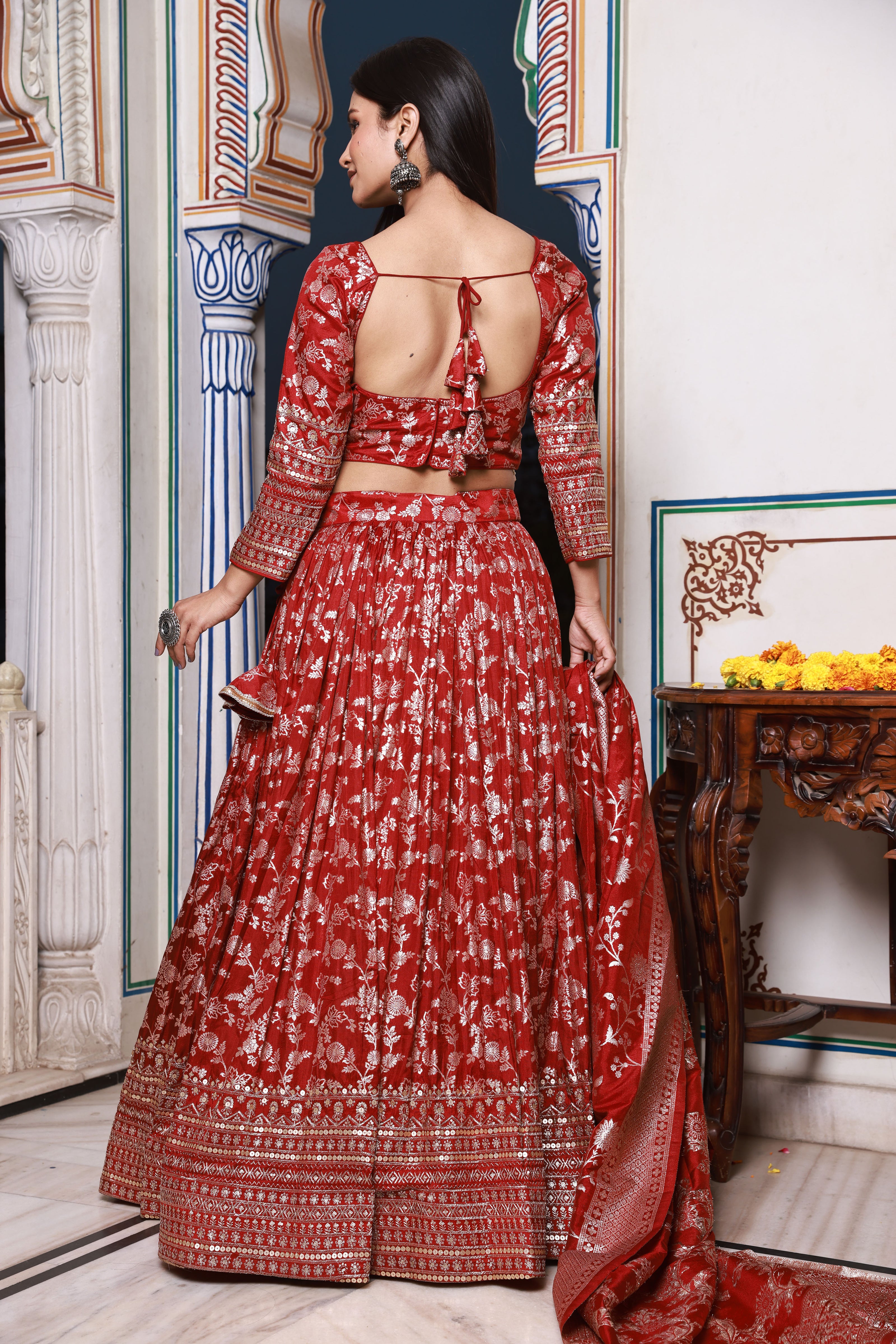Deep Red Embroidered Silk Lehenga