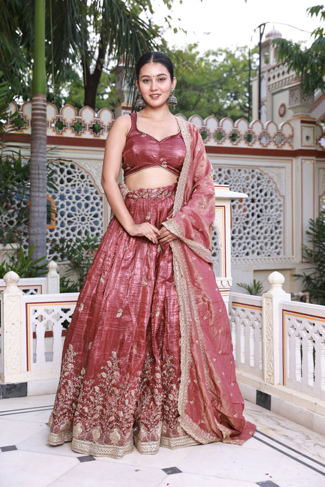 Wine Floral Embroidered Raw Silk Lehenga