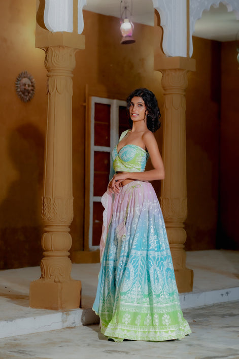 Multicolor Thread Embroidered Georgette Lehenga