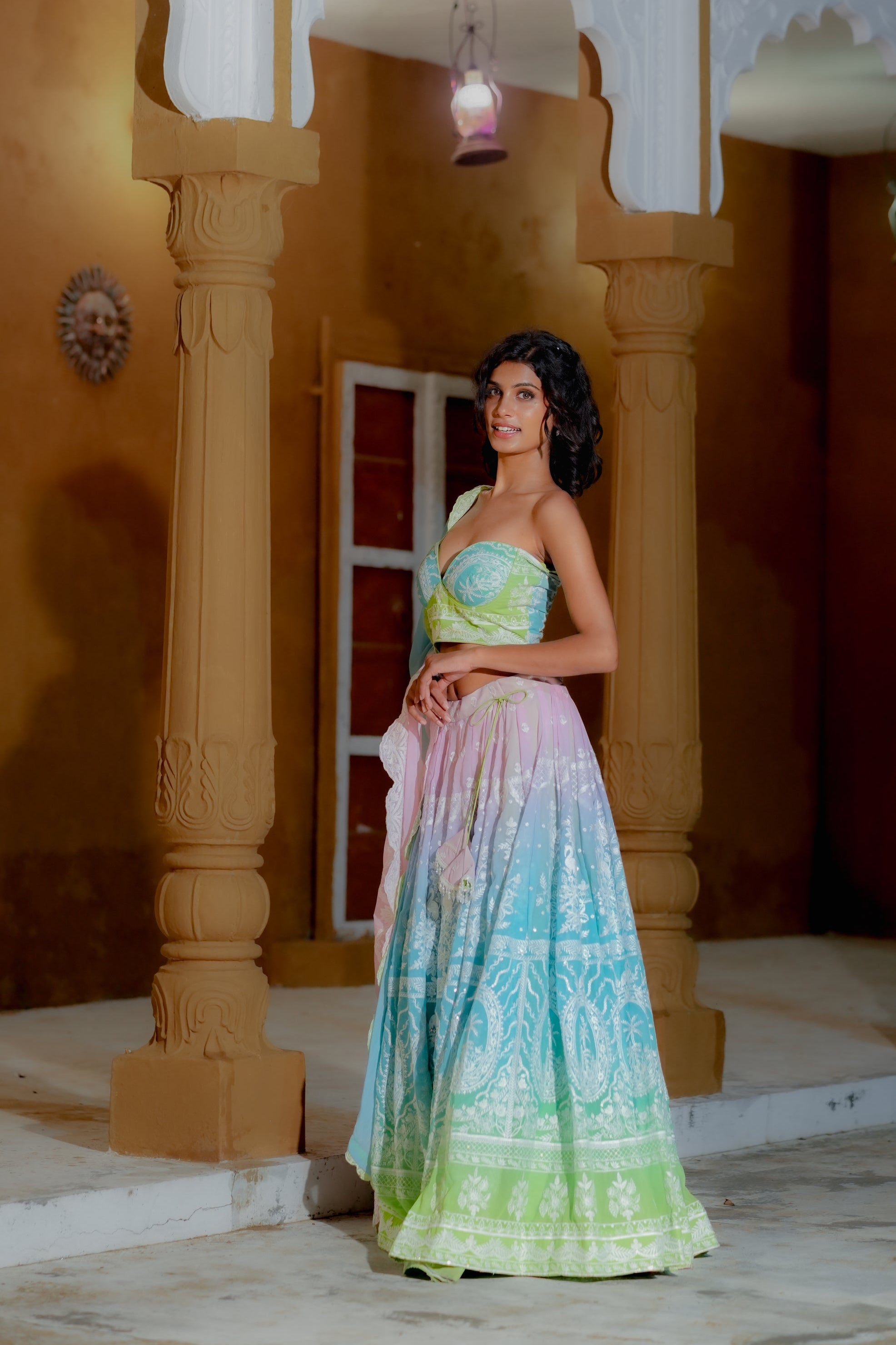 Multicolor Thread Embroidered Georgette Lehenga