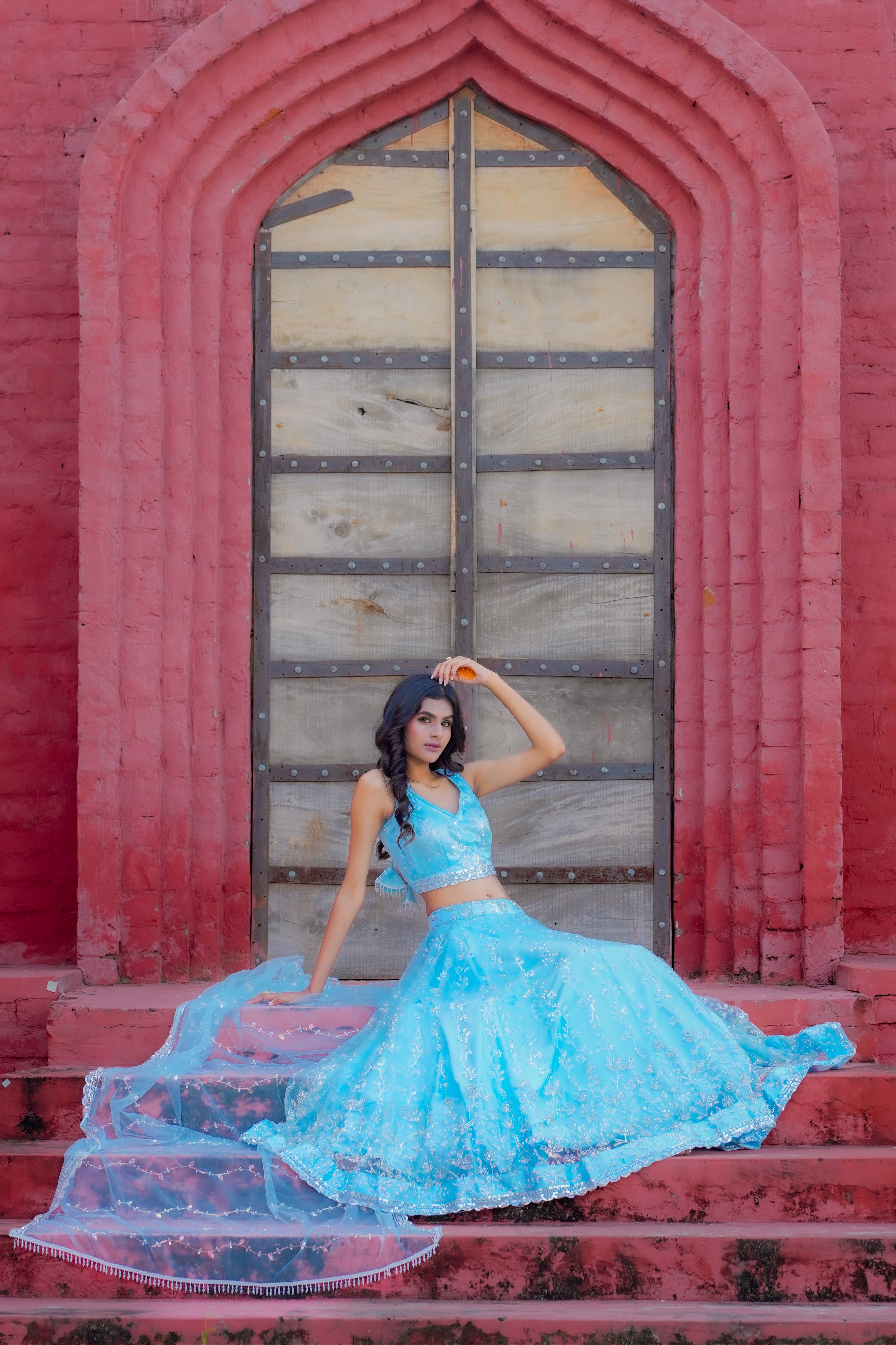 Light Blue Hand Embroidered Net Lehenga