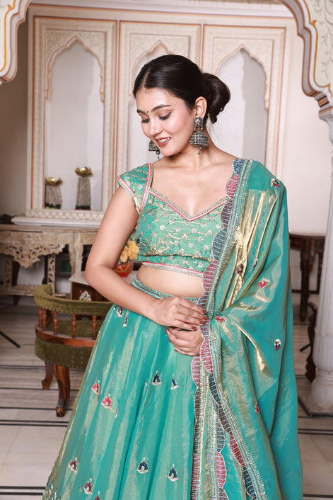 Teal Green Floral Embroidered Silk Lehenga