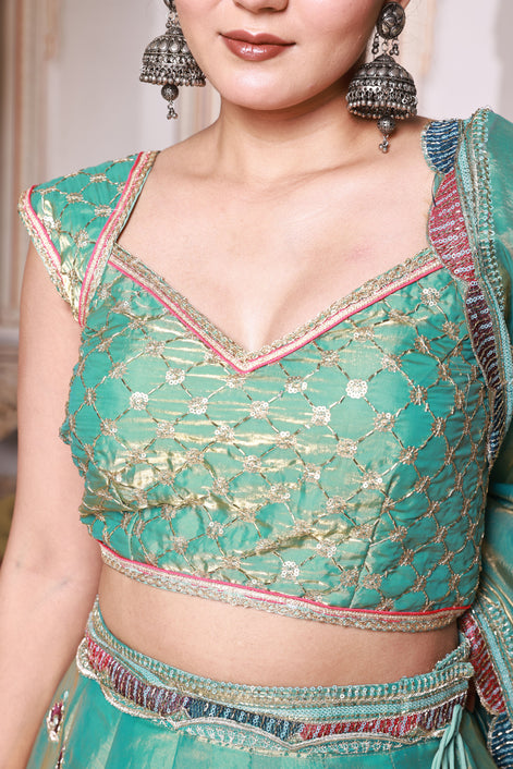 Teal Green Floral Embroidered Silk Lehenga