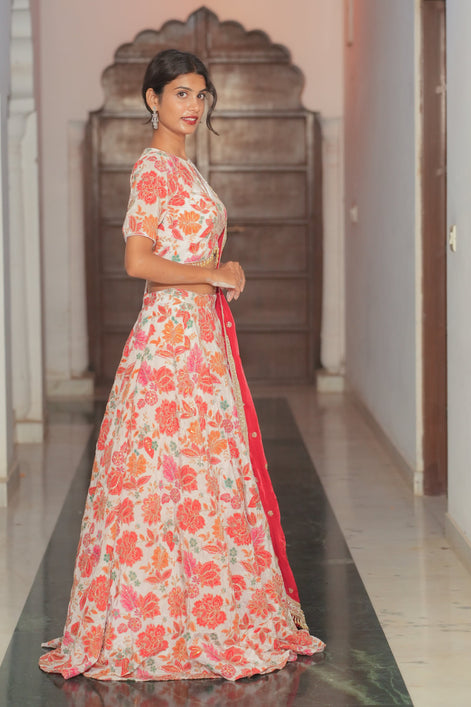 White Multicolor Floral Embroidered Silk Lehenga
