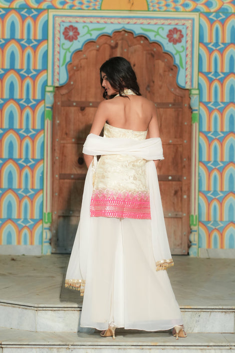 Cream Dual-Tone Hand Embroidered Banarasi Silk Palazzo Suit