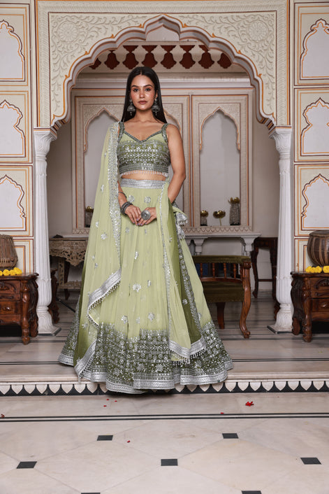 Light Green and Green Embroidered Georgette Lehenga