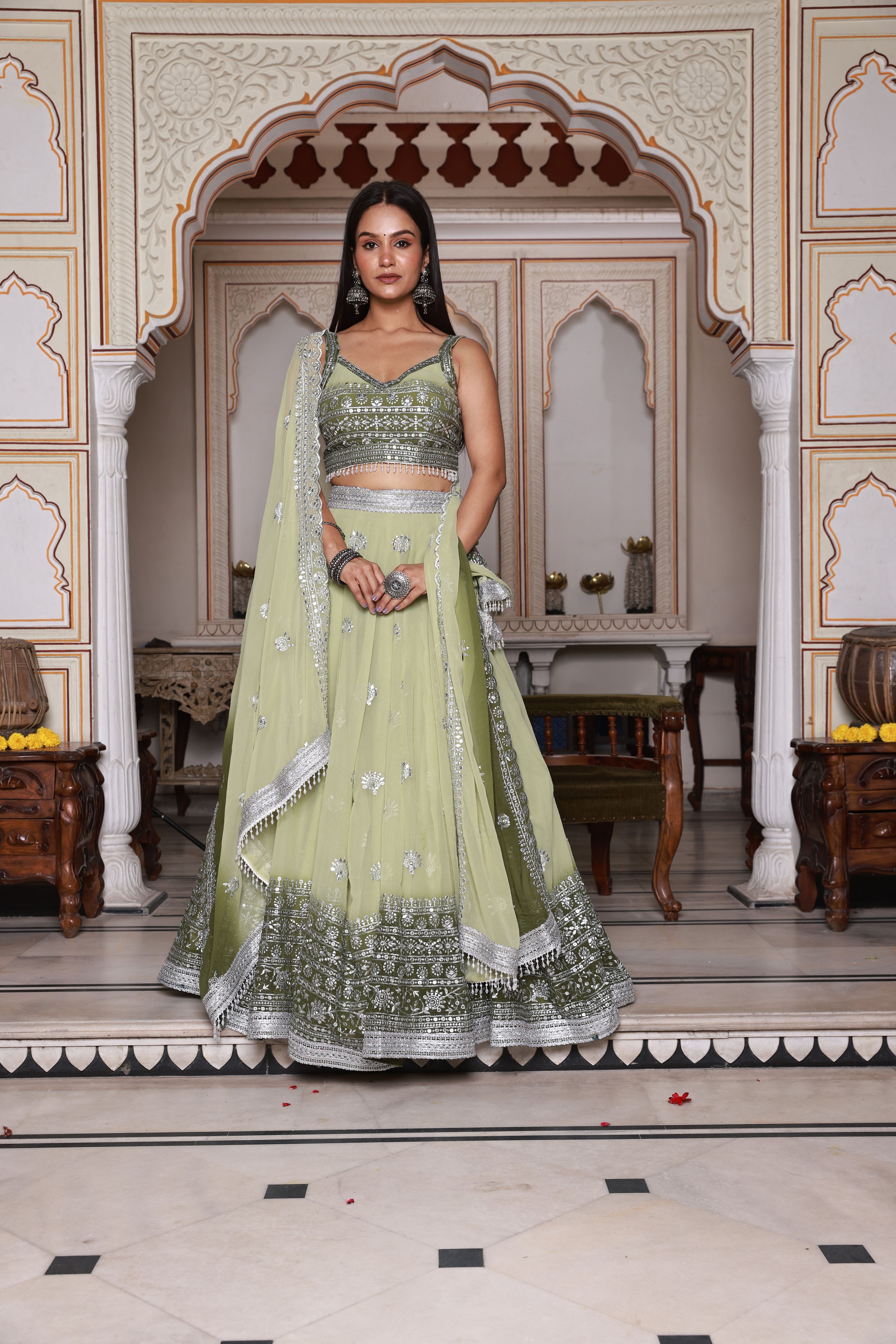 Light Green and Green Embroidered Georgette Lehenga