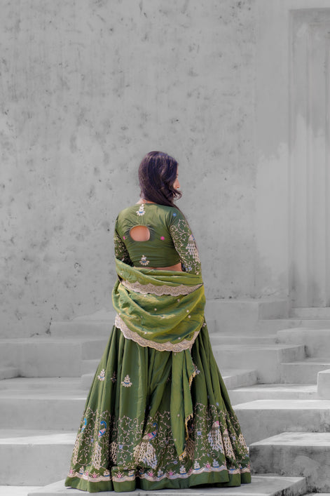 Olive Green Embroidered Silk Lehenga