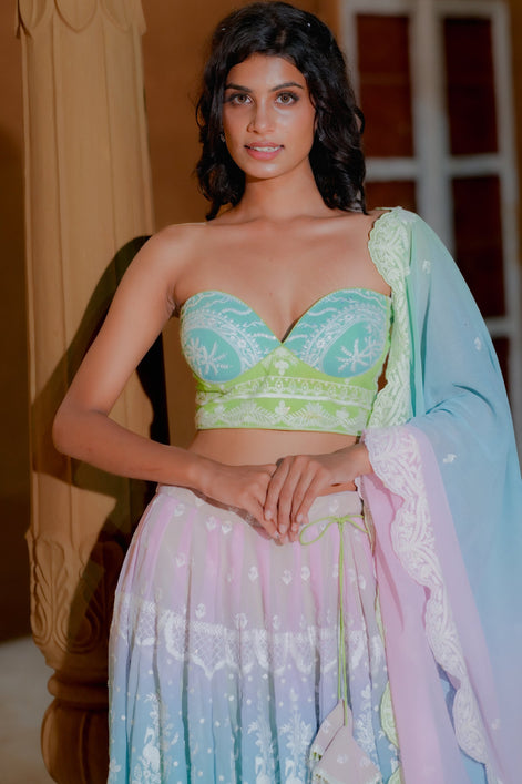 Multicolor Thread Embroidered Georgette Lehenga