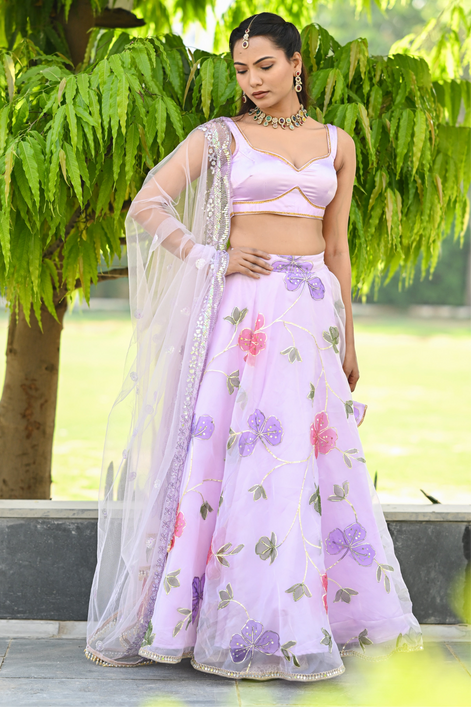 Lavender Multicolor Floral Embroidered Organza Lehenga