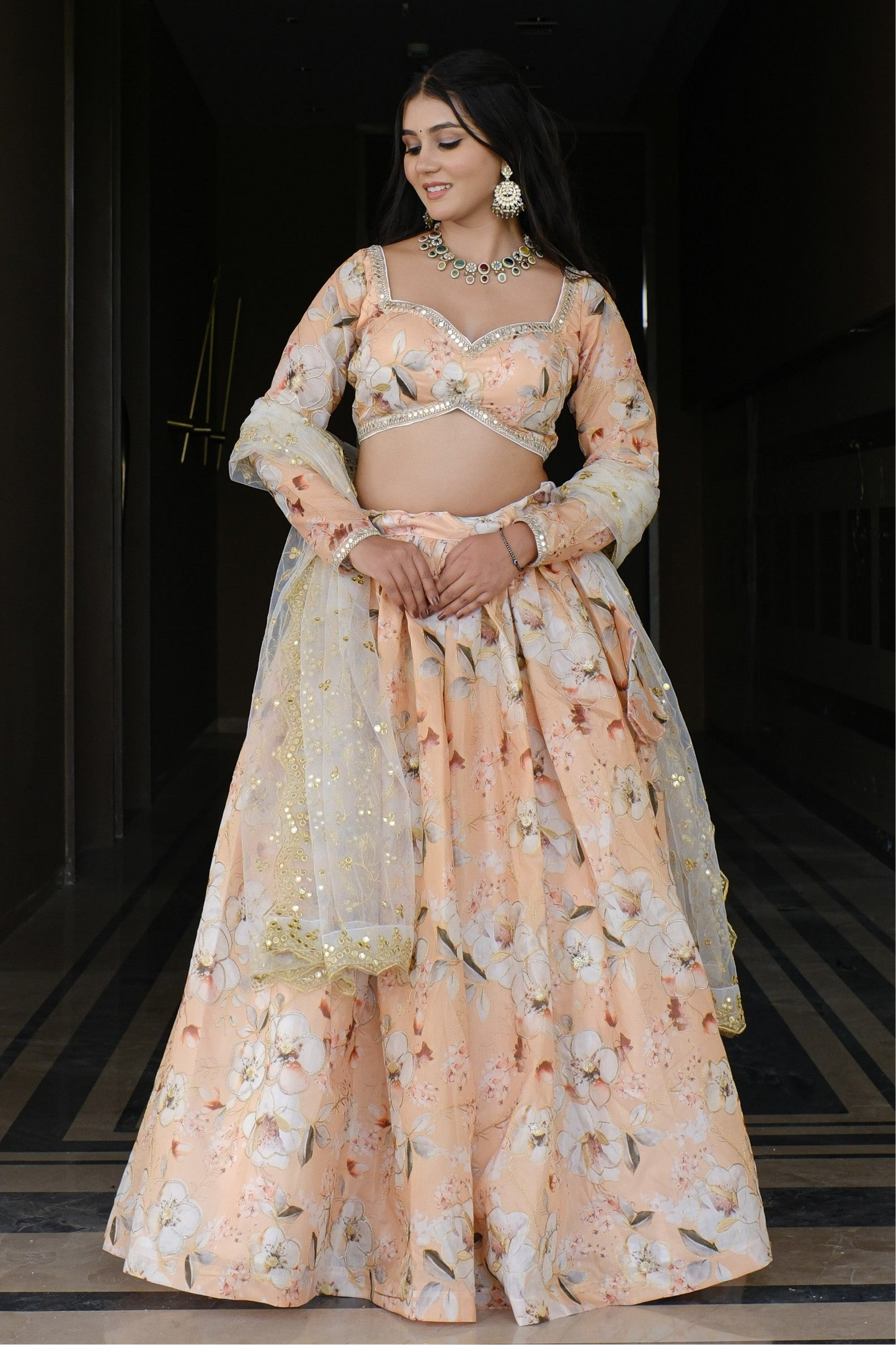 Peach Floral Embroidered Silk Lehenga