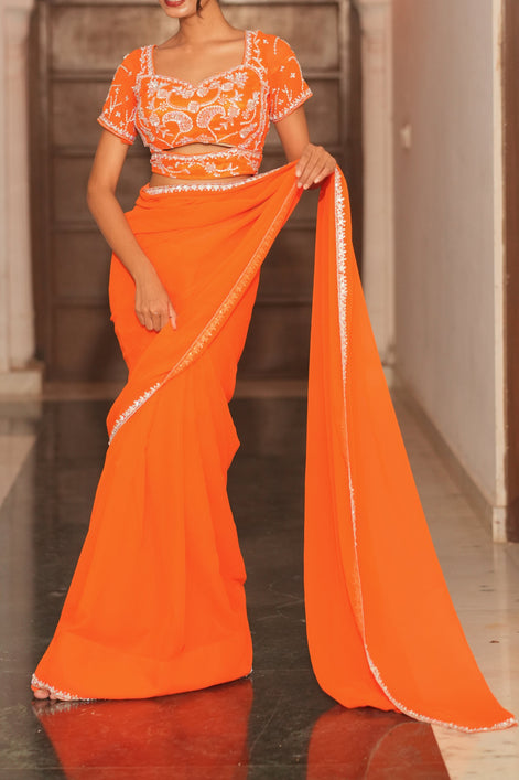 Orange Hand EmbroideryGeorgette Saree