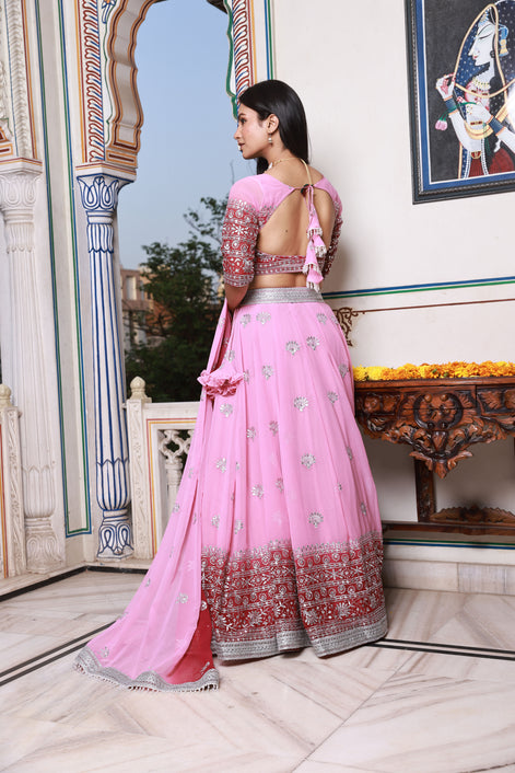 Pink and Red Embroidered Georgette Lehenga