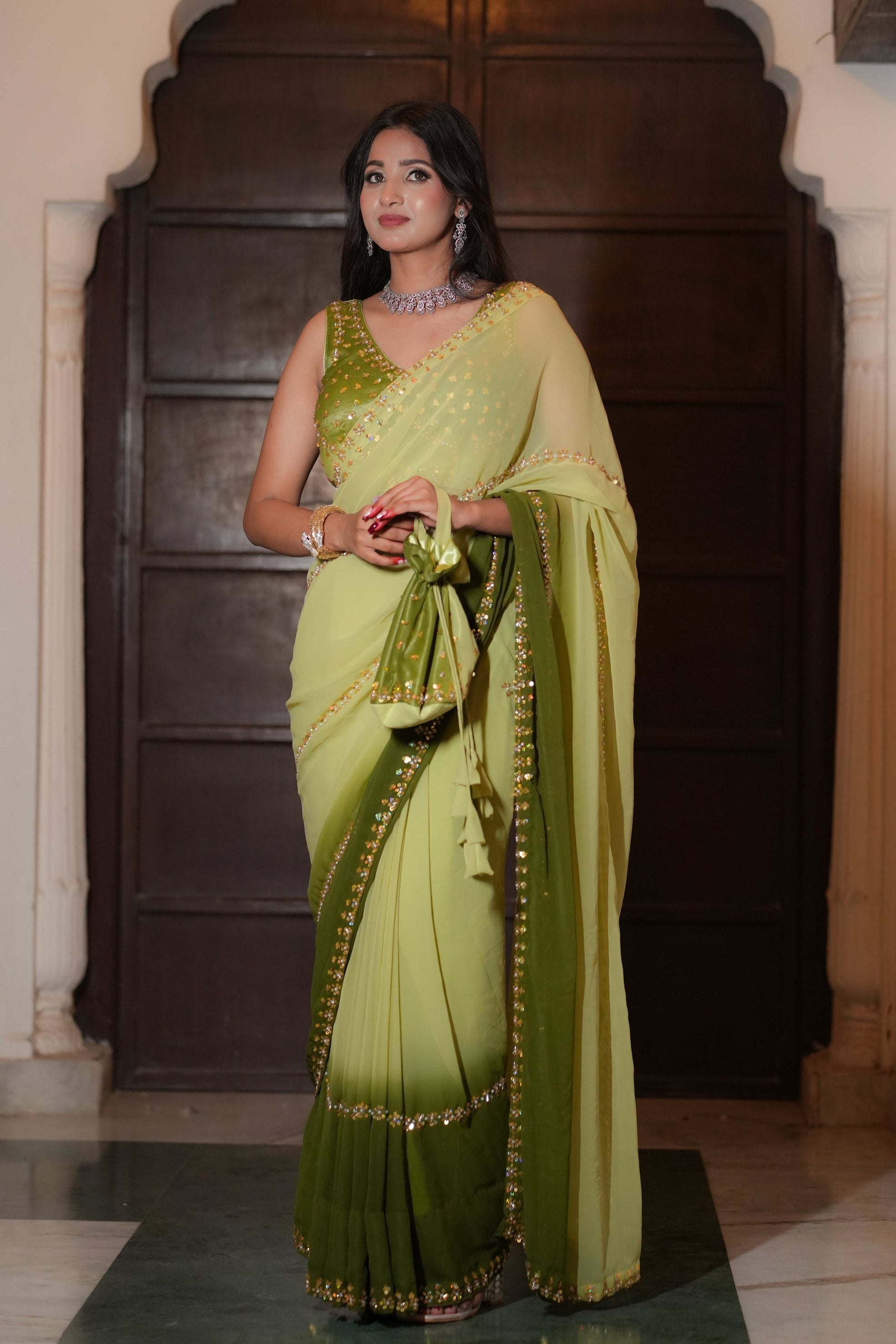Light Green and Moss Green Hand Embroidered Georgette Saree