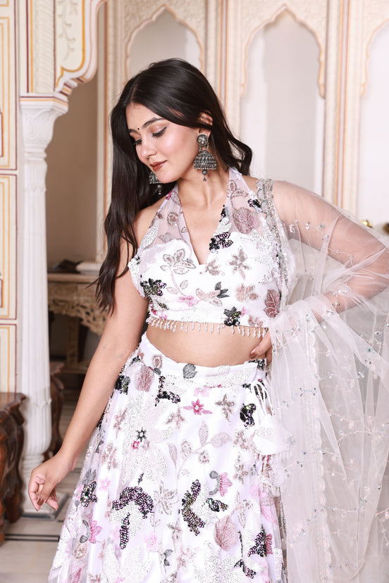 White Multicolor Floral Embroidered Net Lehenga