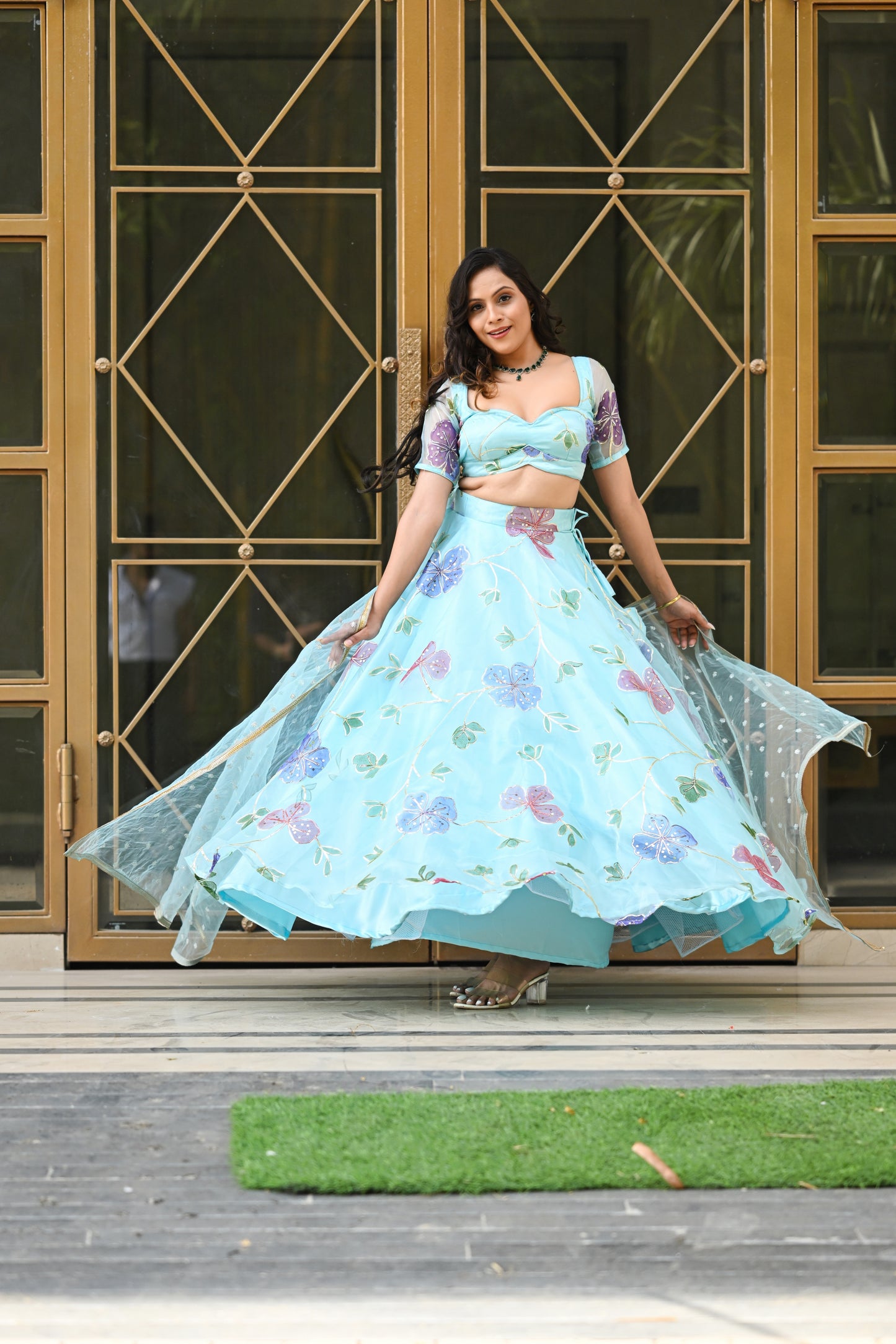 Light Blue Multicolor Floral Embroidered Organza Lehenga