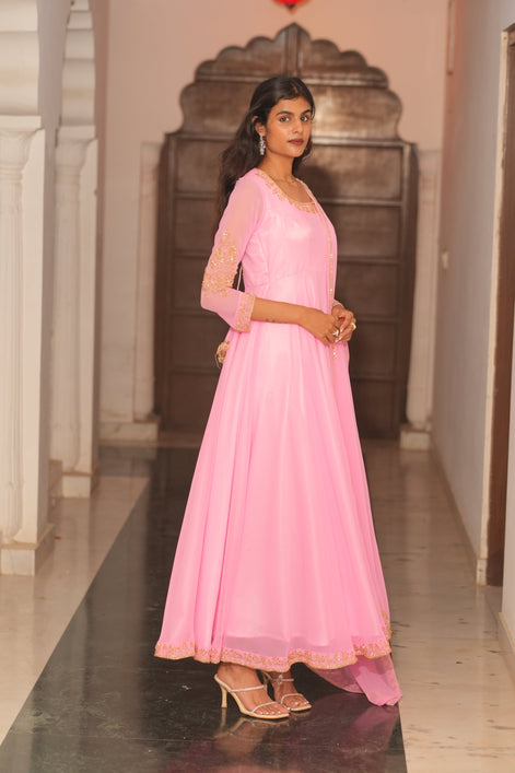 Pink Hand Embroidery Georgette Anarkali