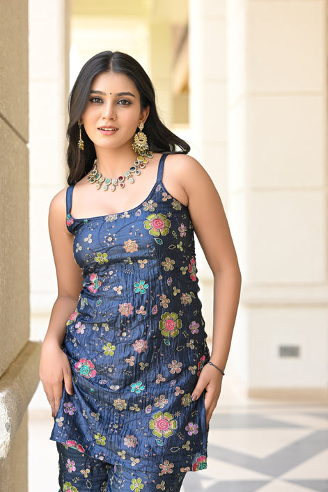 Navy Blue Multicolor Floral Embroidered Garara