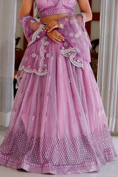 Dusty Lilac Embroidered Chiffon Lehenga