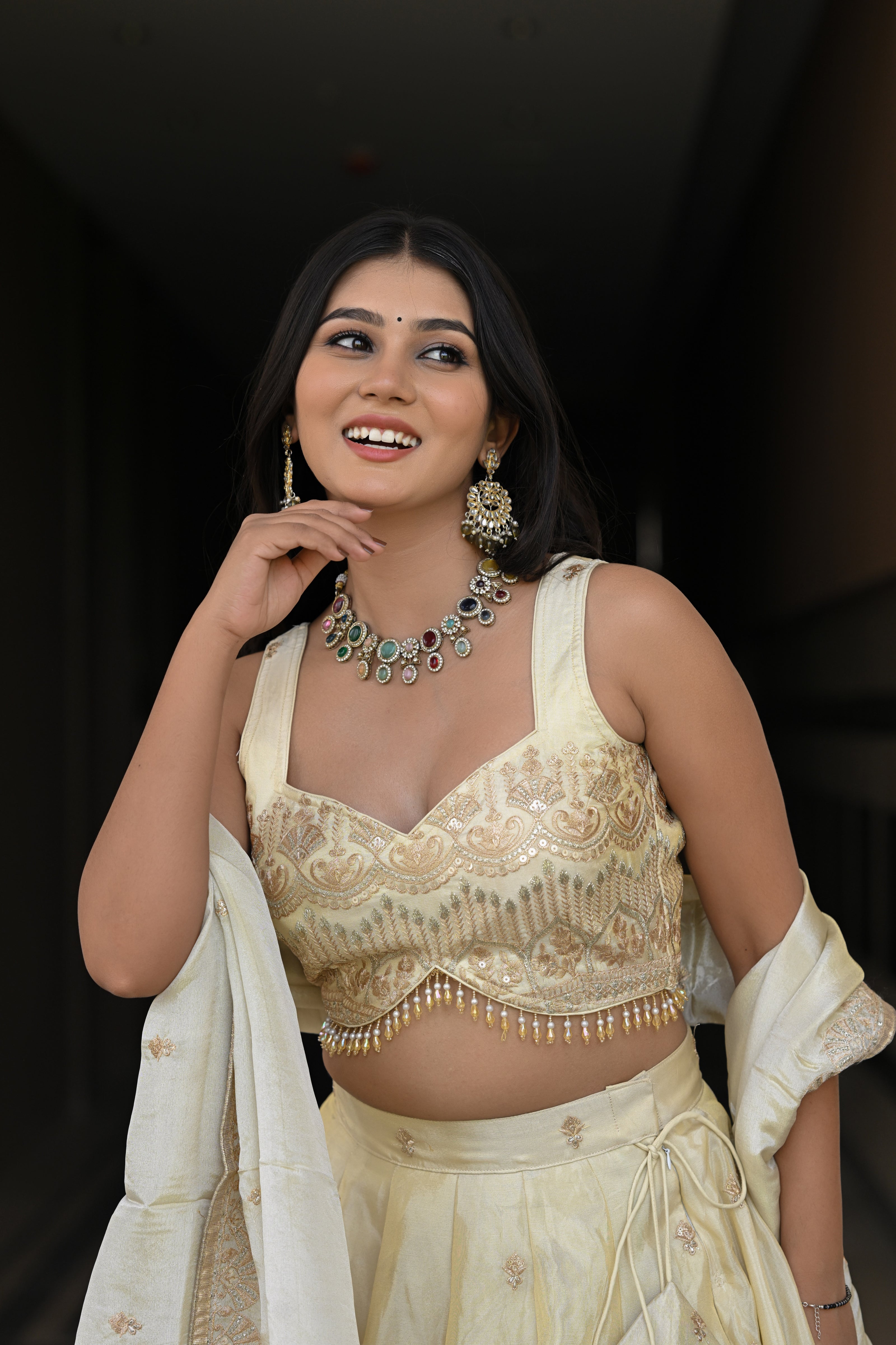 Off-White and Beige Embroidered Silk Lehenga