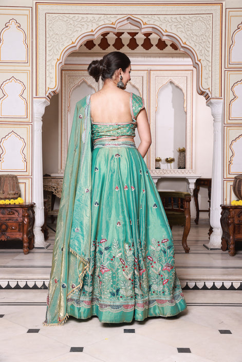 Teal Green Floral Embroidered Silk Lehenga