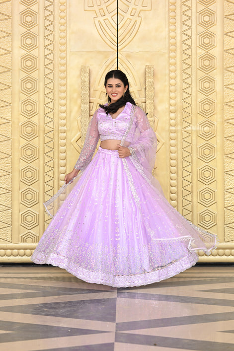 Lavender Pink Sparkle Embroidered Net Lehenga