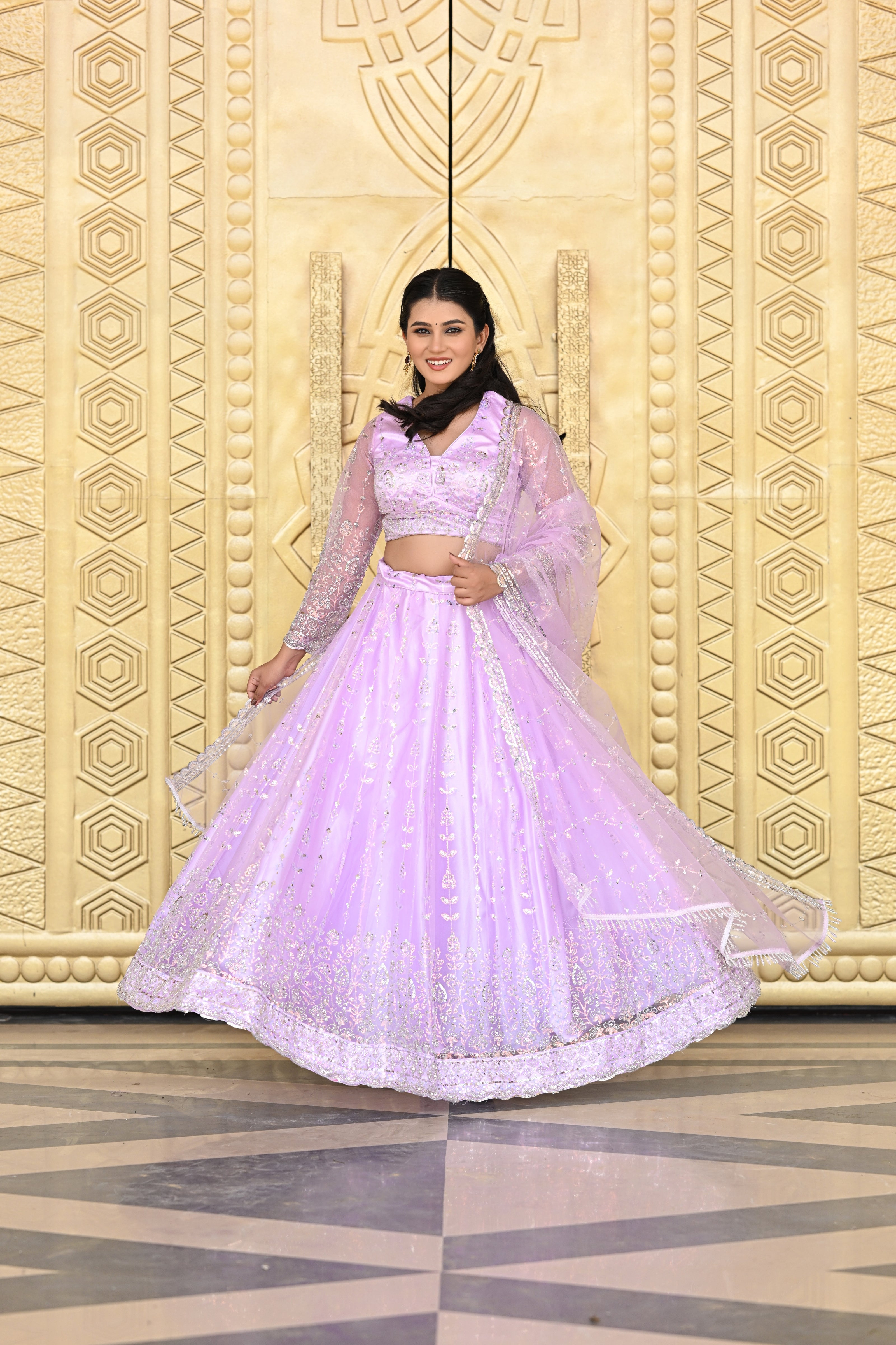 Lavender Pink Sparkle Embroidered Net Lehenga
