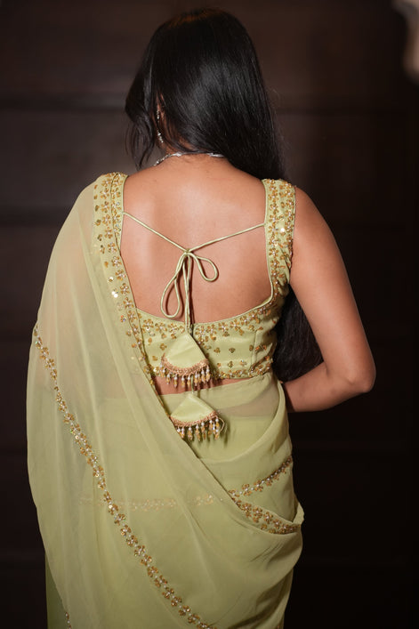 Light Green and Moss Green Hand Embroidered Georgette Saree
