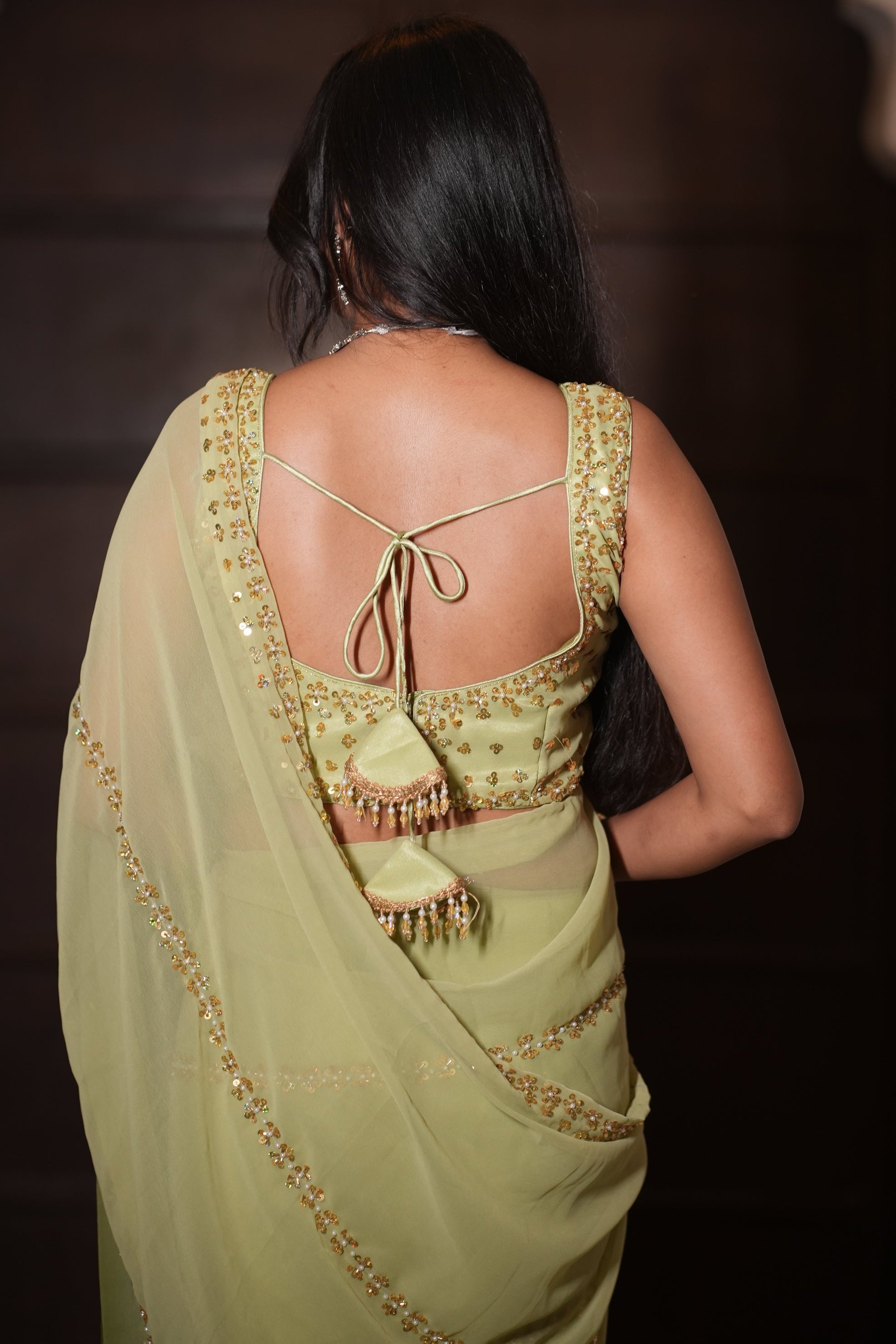 Light Green and Moss Green Hand Embroidered Georgette Saree