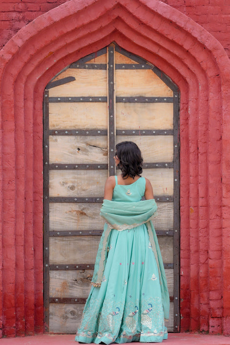 Mint Embroidered Silk Lehenga