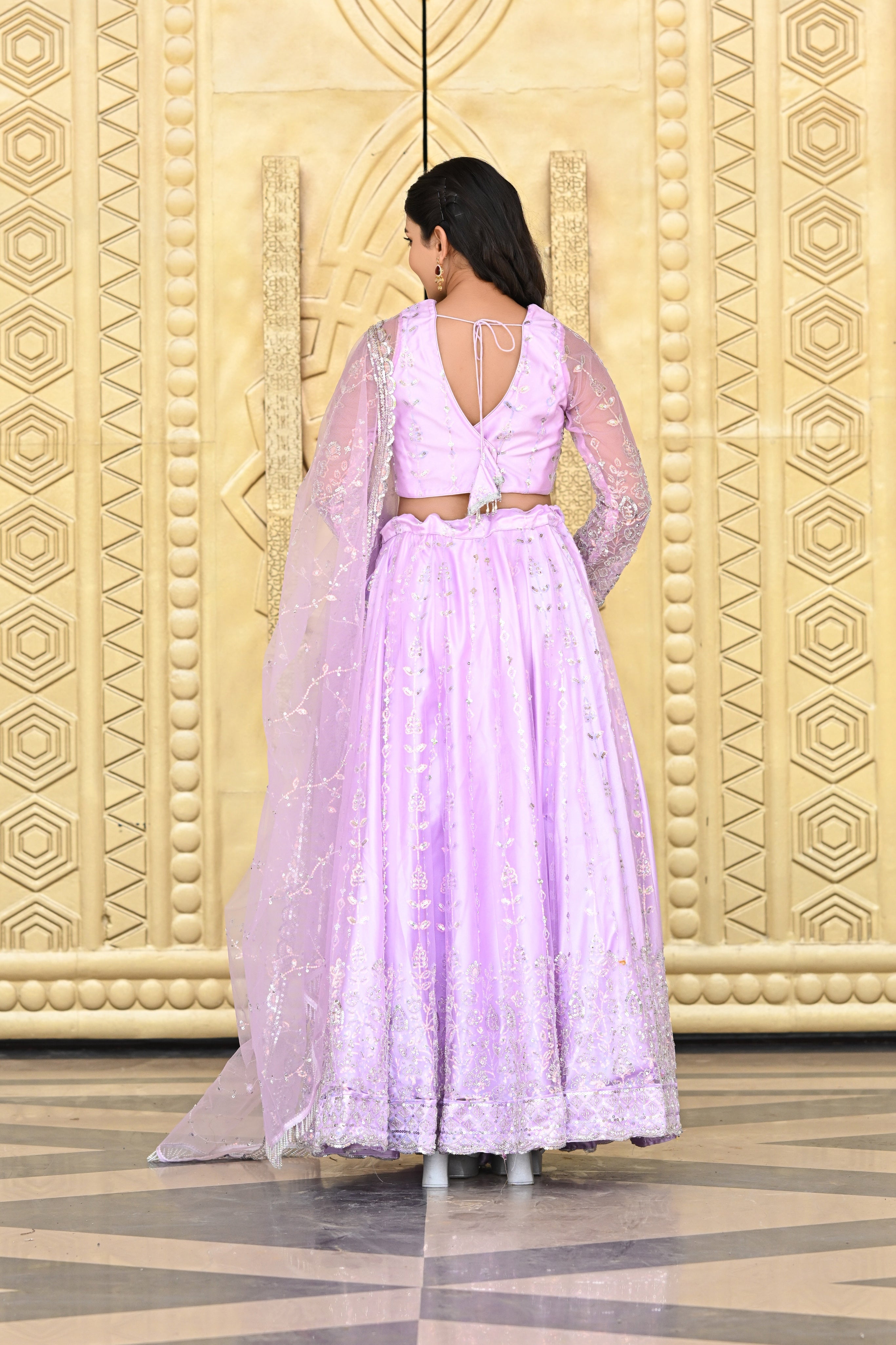 Lavender Pink Sparkle Embroidered Net Lehenga