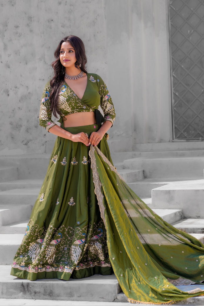 Olive Green Embroidered Silk Lehenga