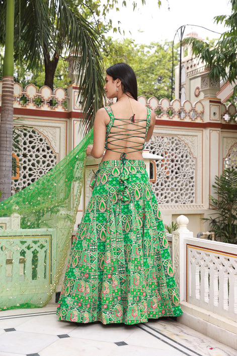 Kelly Green Embroidered Silk Lehenga