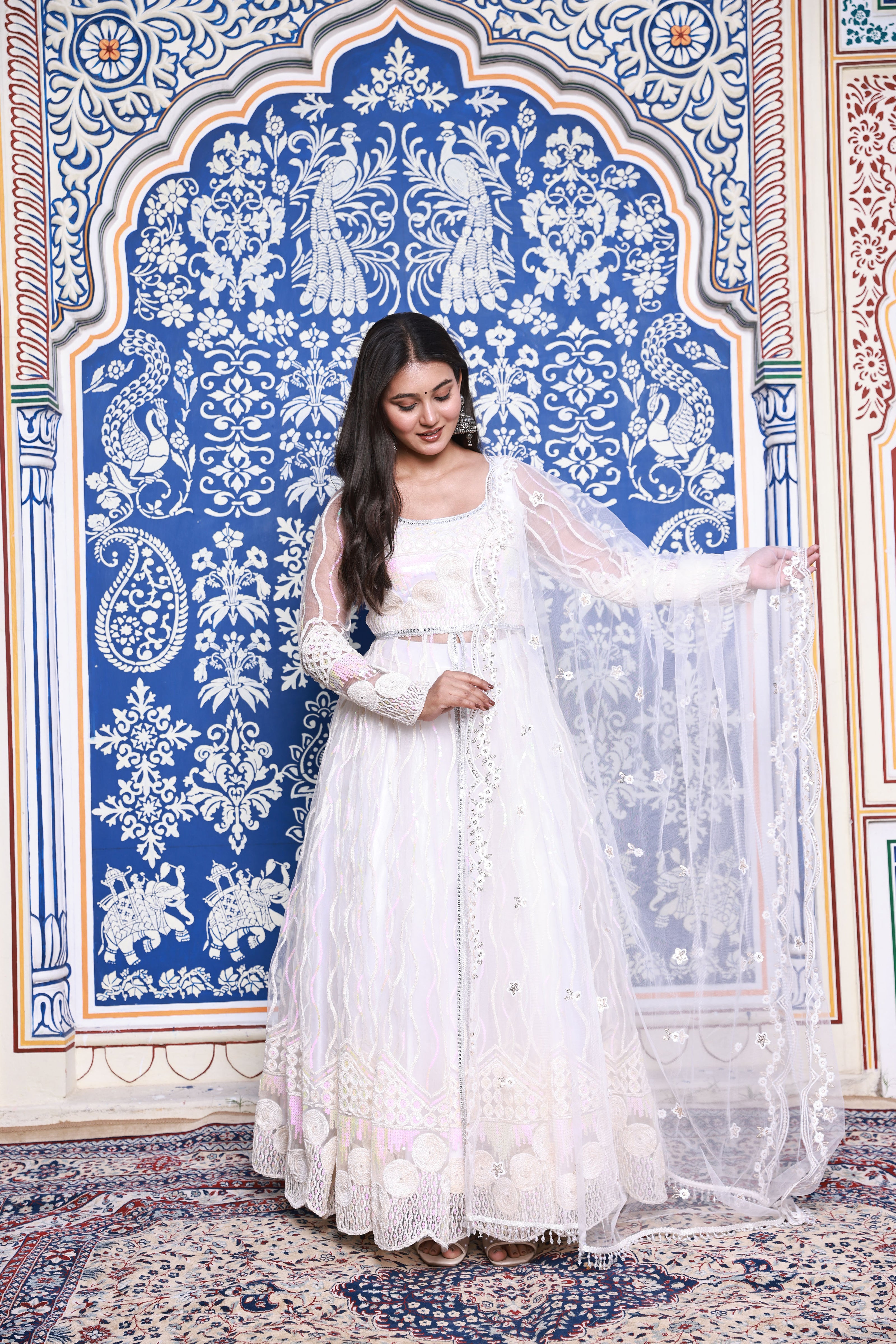 White Floral Embroidered Anarkali Style Net Lehenga