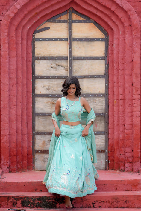 Mint Embroidered Silk Lehenga