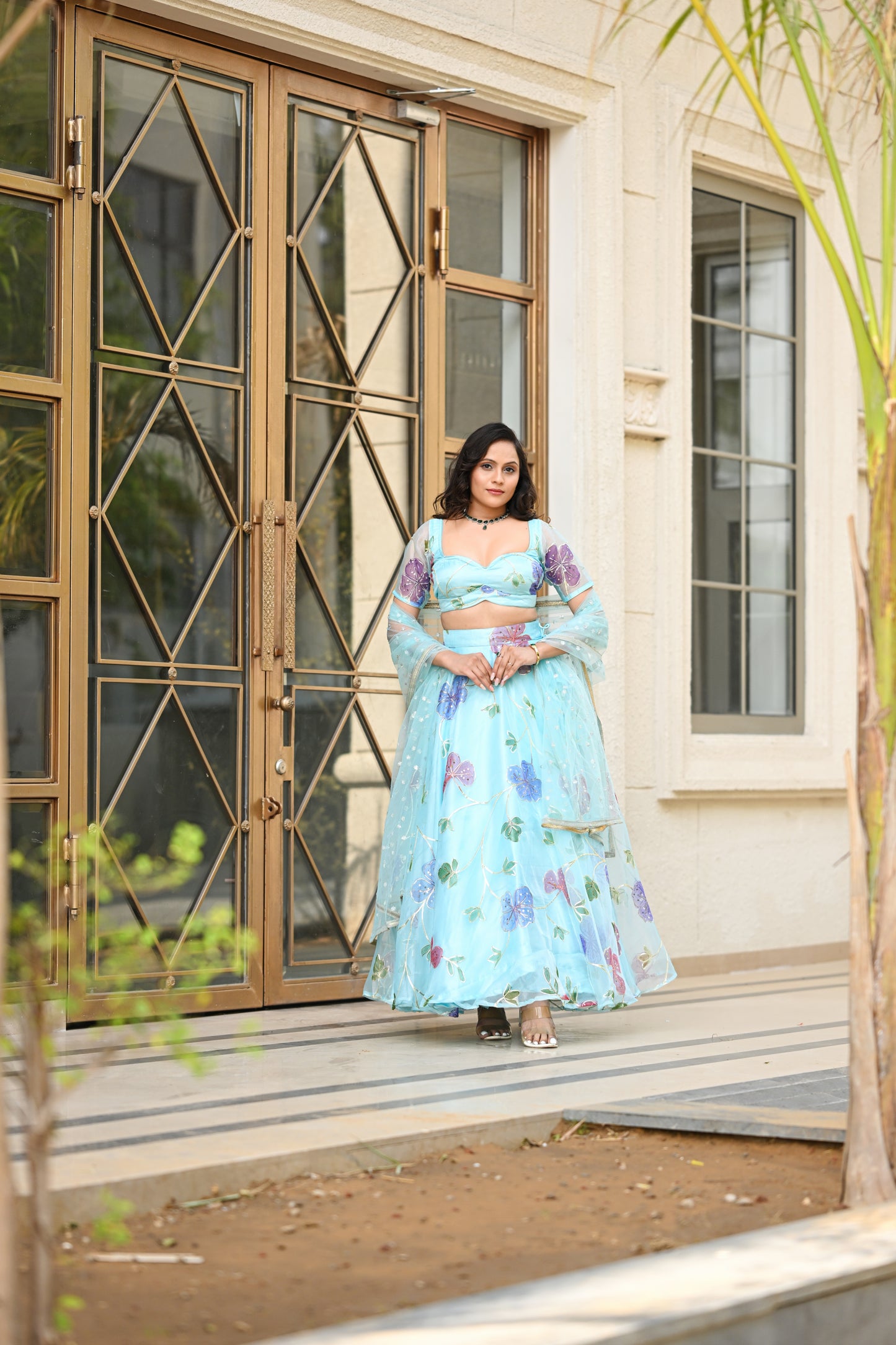 Light Blue Multicolor Floral Embroidered Organza Lehenga