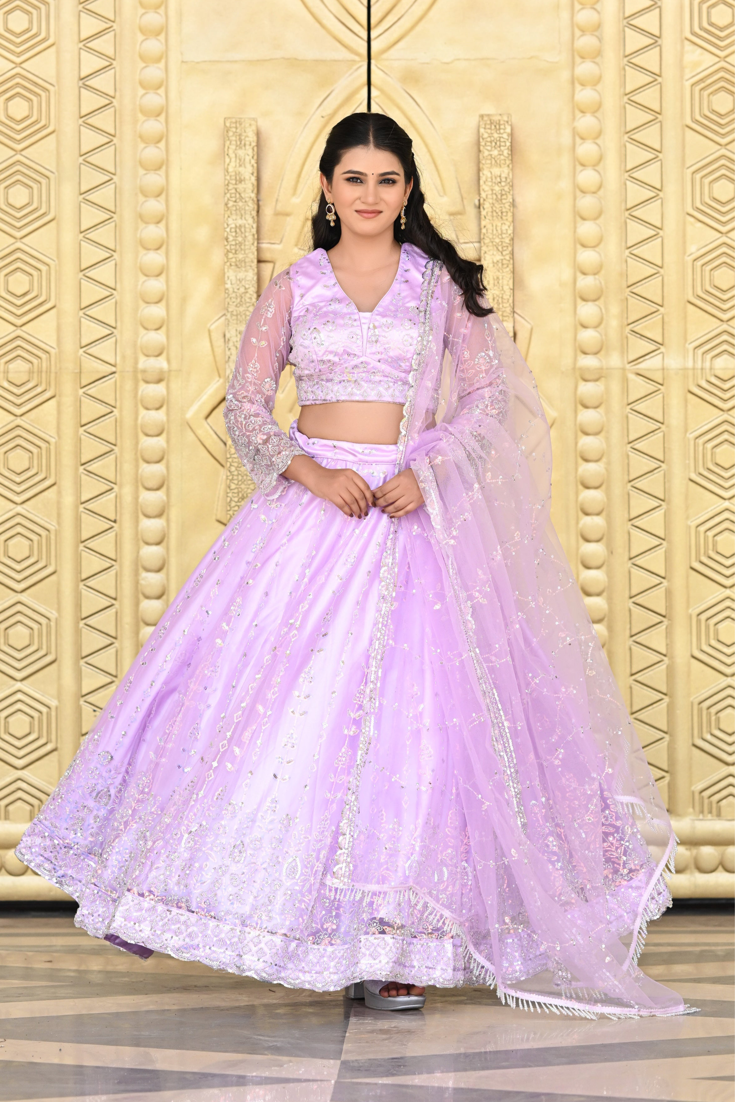 Lavender Pink Sparkle Embroidered Net Lehenga