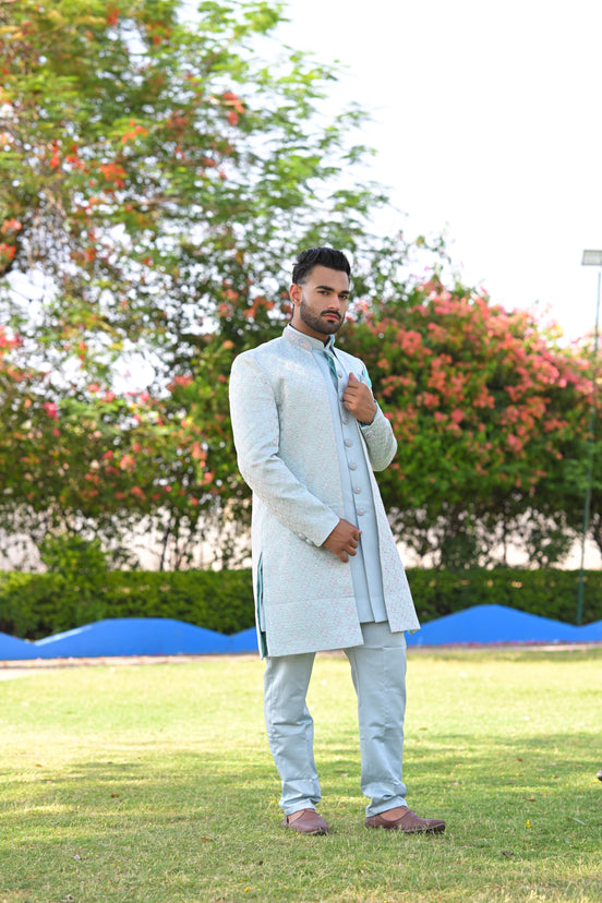 Sky Blue Multicolor Floral Embroidered Sherwani