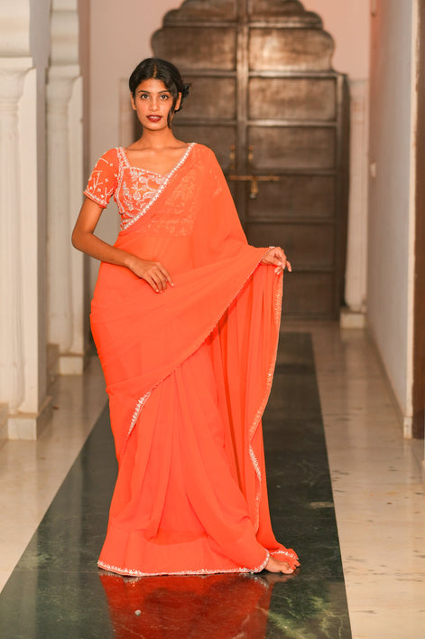 Orange Hand EmbroideryGeorgette Saree