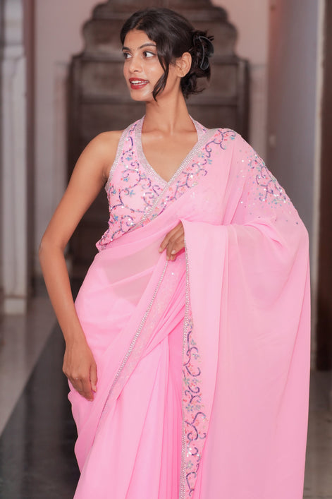 Pink Embroidered Georgette Saree