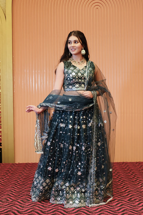 Dark Teal Sparkle Embroidered Net Lehenga